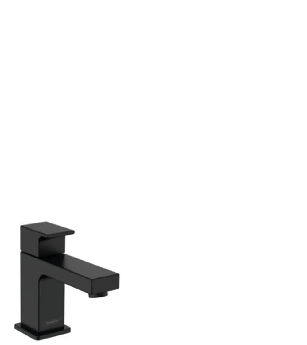 Schwarzes Standventil von Hansgrohe mit Hebelgriff für Kaltwasser oder vorgemischtes Wasser, ohne Ablaufgarnitur, auf weißem Hintergrund.